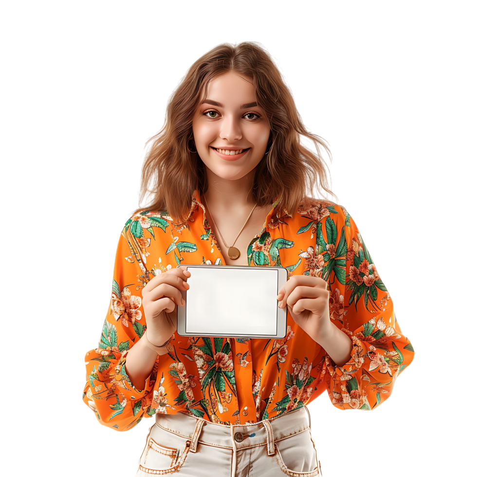 portrait de Jeune Dame tenir gadget point vide espace habillé élégant Orange impression vêtement png