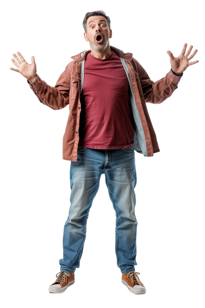 Isolated surprised man against transparent background png