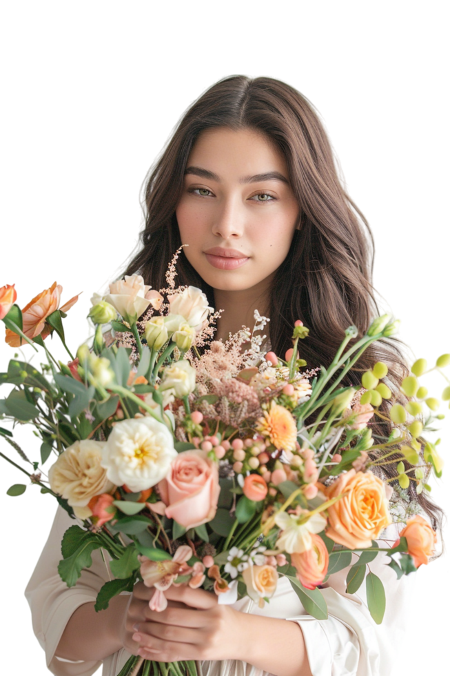 Isolated woman holding bouquet of flowers against transparent background png