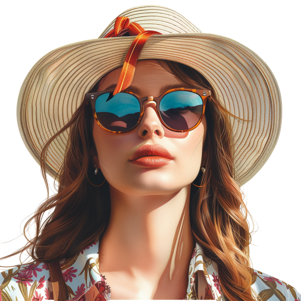Isolated woman wearing summer hat and glasses against transparent background png