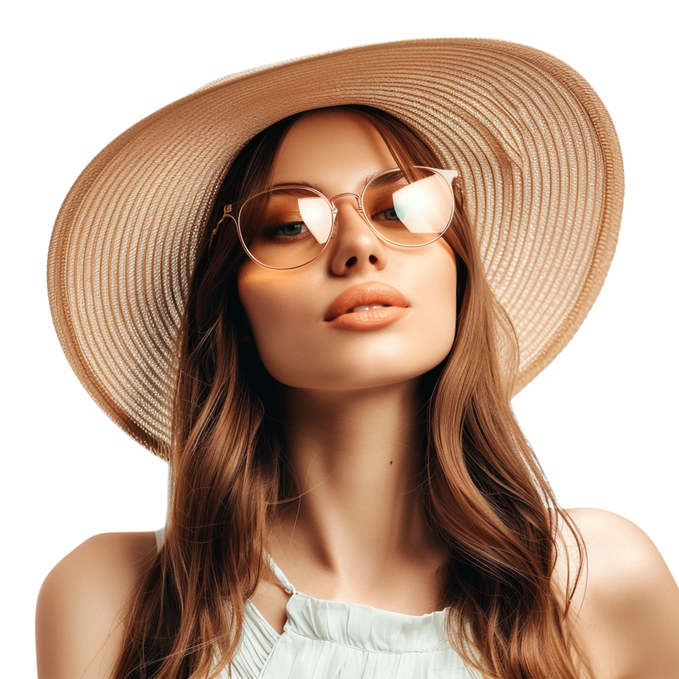 Isolated woman wearing summer hat and glasses against transparent background png