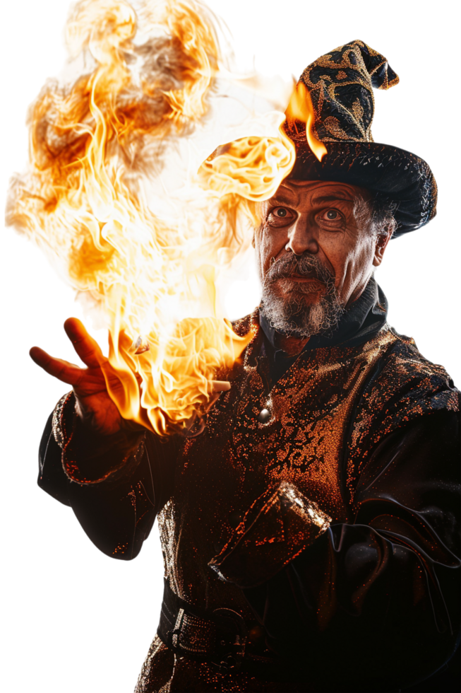 Magician performing fire magic alone against transparent background png