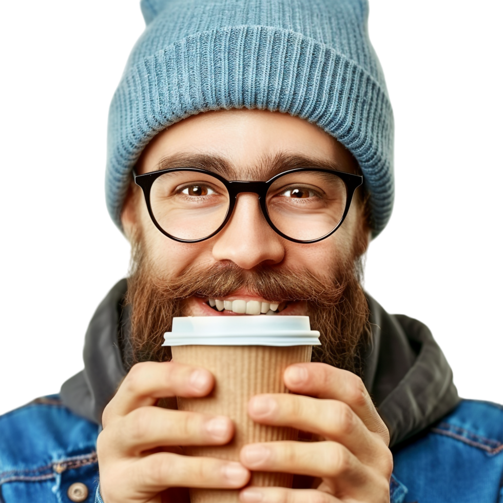 Man with paper cup of coffee isolated on transparent png