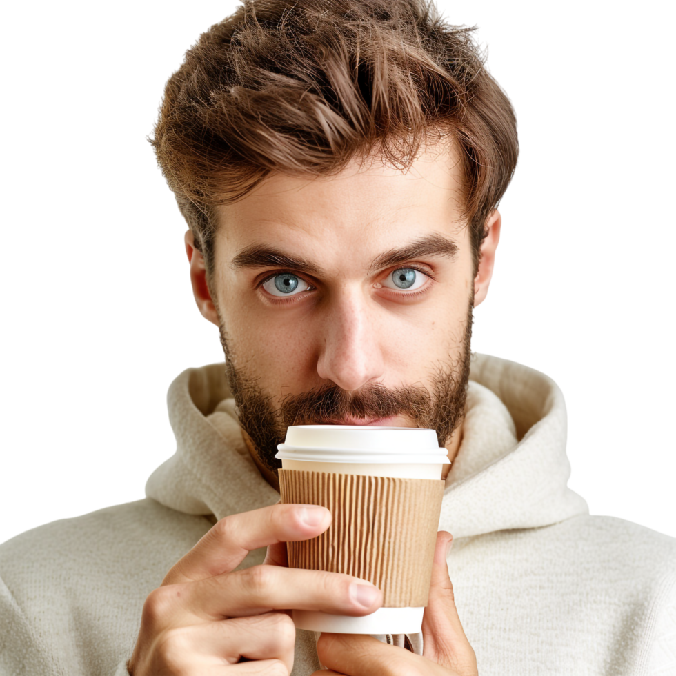 Man with paper cup of coffee isolated on transparent png