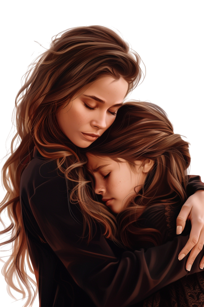 Mother and daughter hug alone against transparent background png