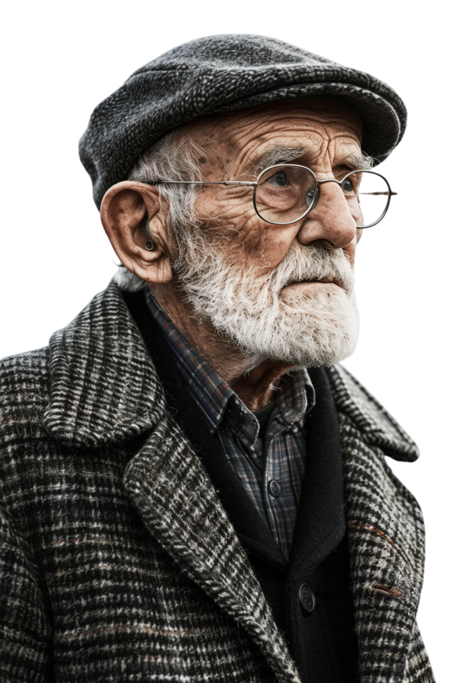 Old-fashioned old man alone against transparent background png
