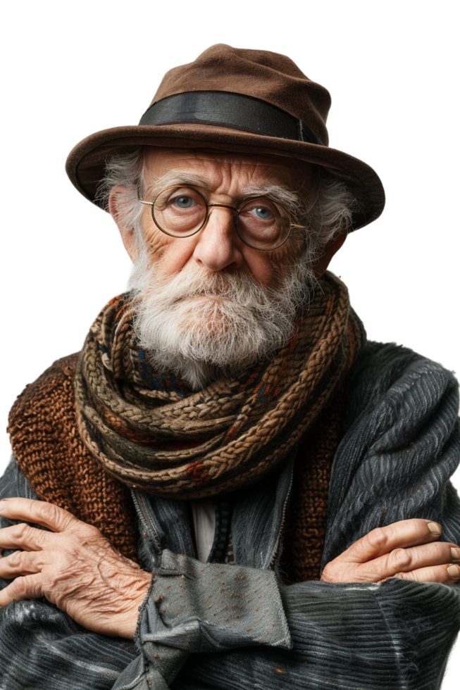 Old-fashioned old man alone against transparent background png