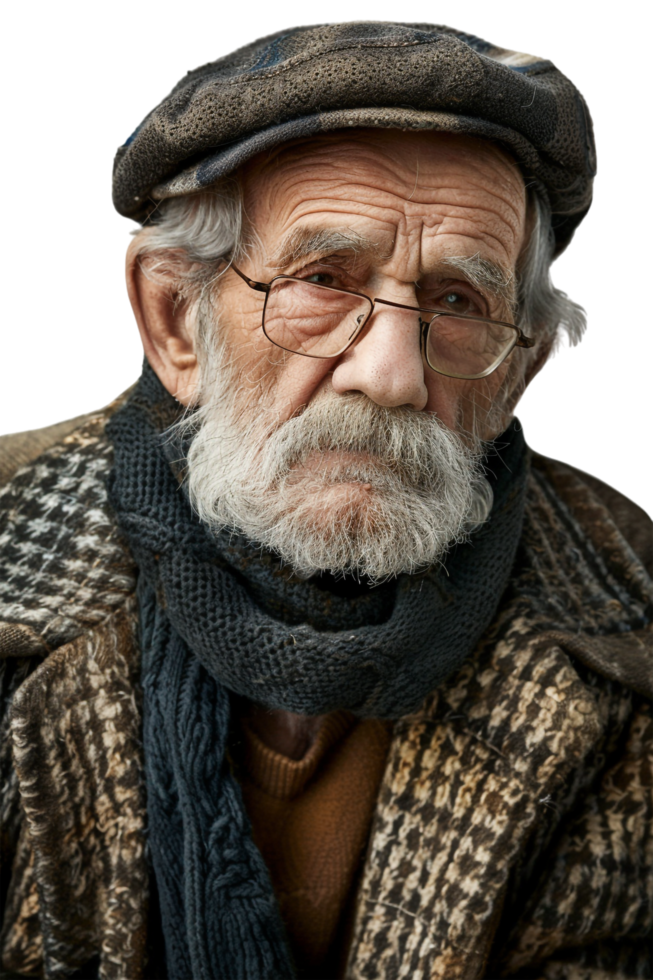 Old-fashioned old man alone against transparent background png