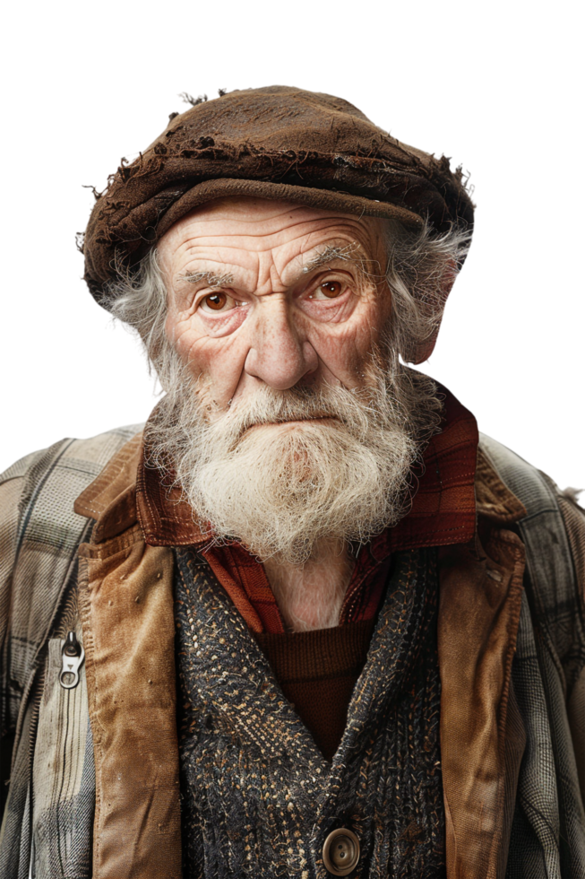 Old-fashioned old man alone against transparent background png