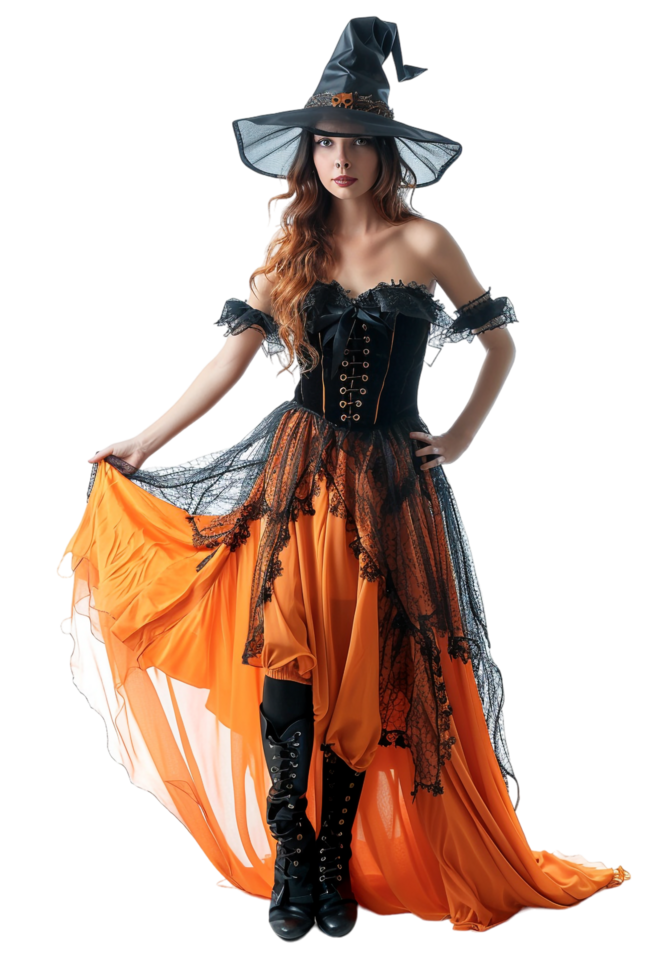 Pretty witch model cosplay isolated on transparent png