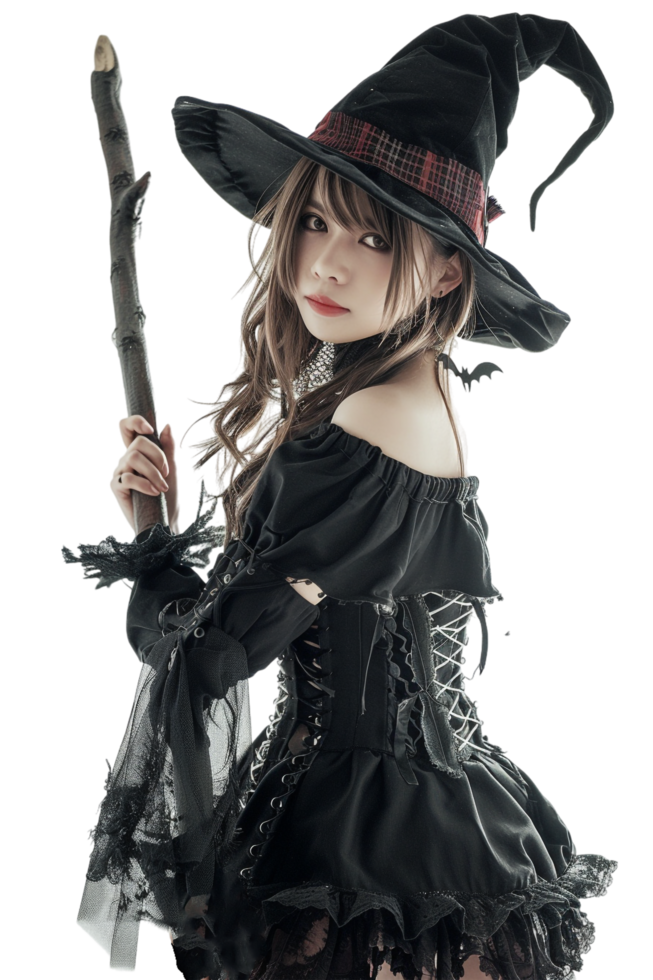 Pretty witch model cosplay isolated on transparent png