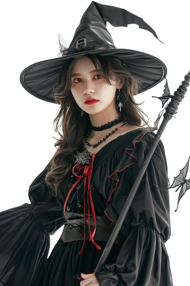 Pretty witch model cosplay isolated on transparent png