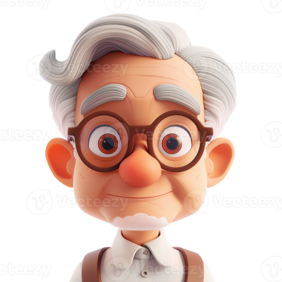 3D rendering of elderly man with gray hair, glasses, white shirt. png