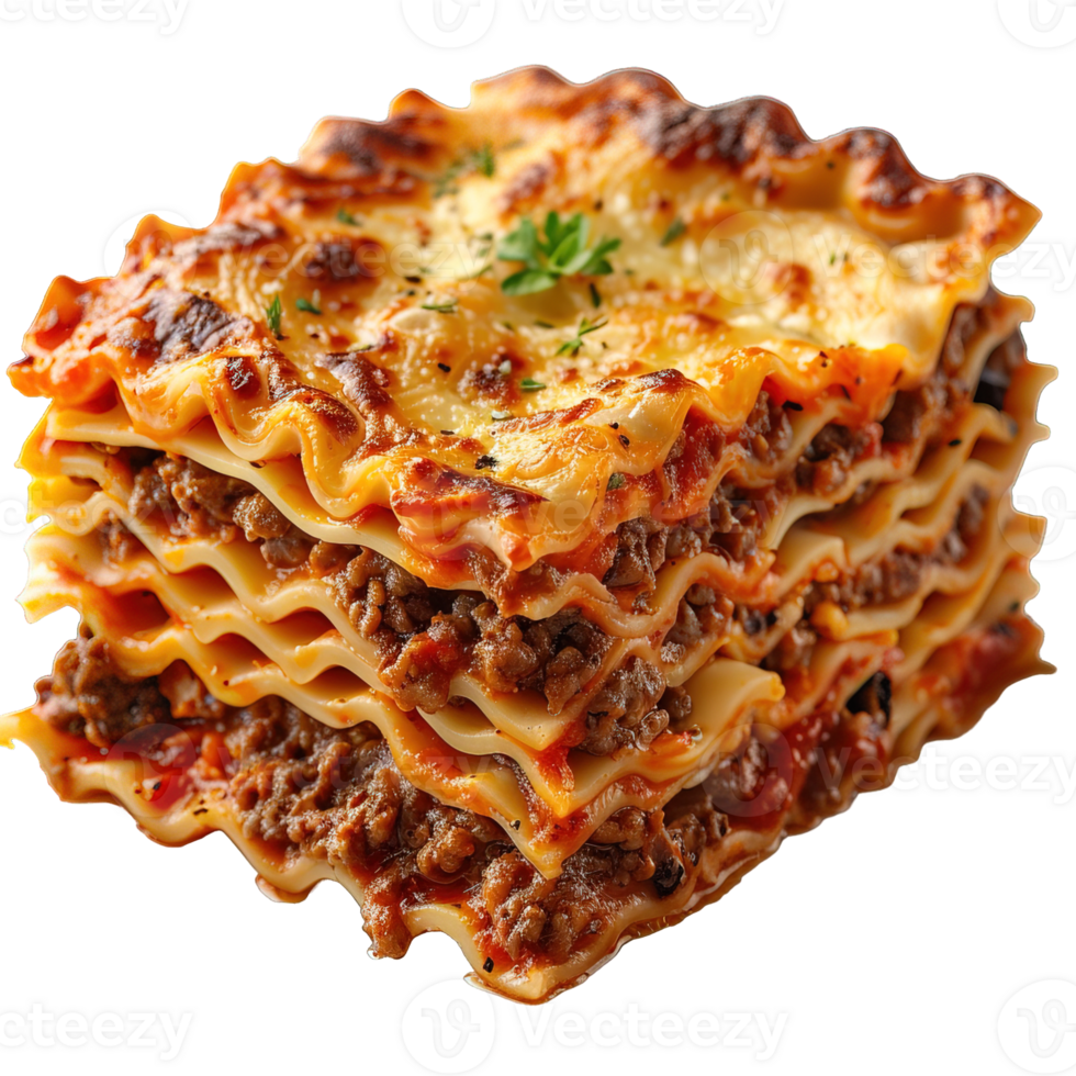 Lasagna with meat sauce and cheese isolated on transparent background , png