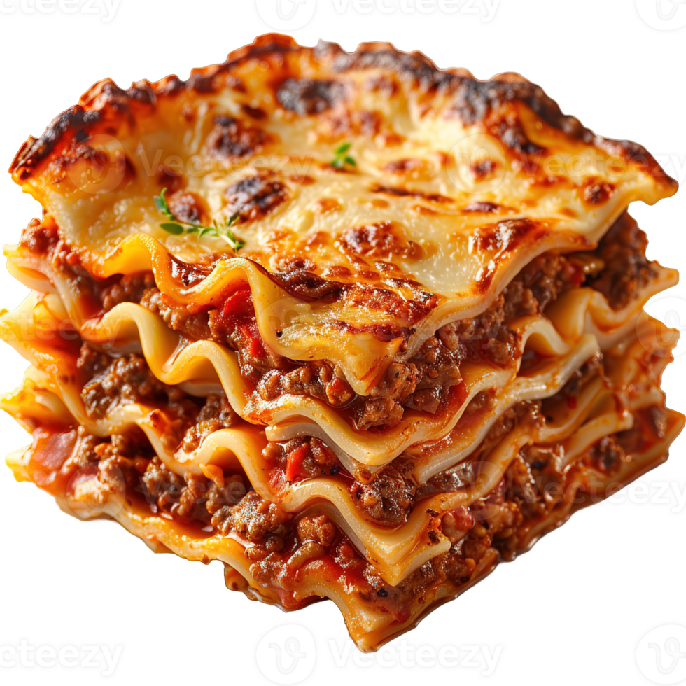 Lasagna with meat sauce and cheese isolated on transparent background , png