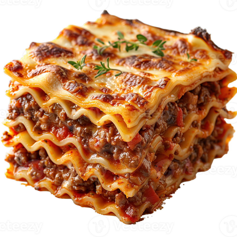 Lasagna with meat sauce and cheese isolated on transparent background , png