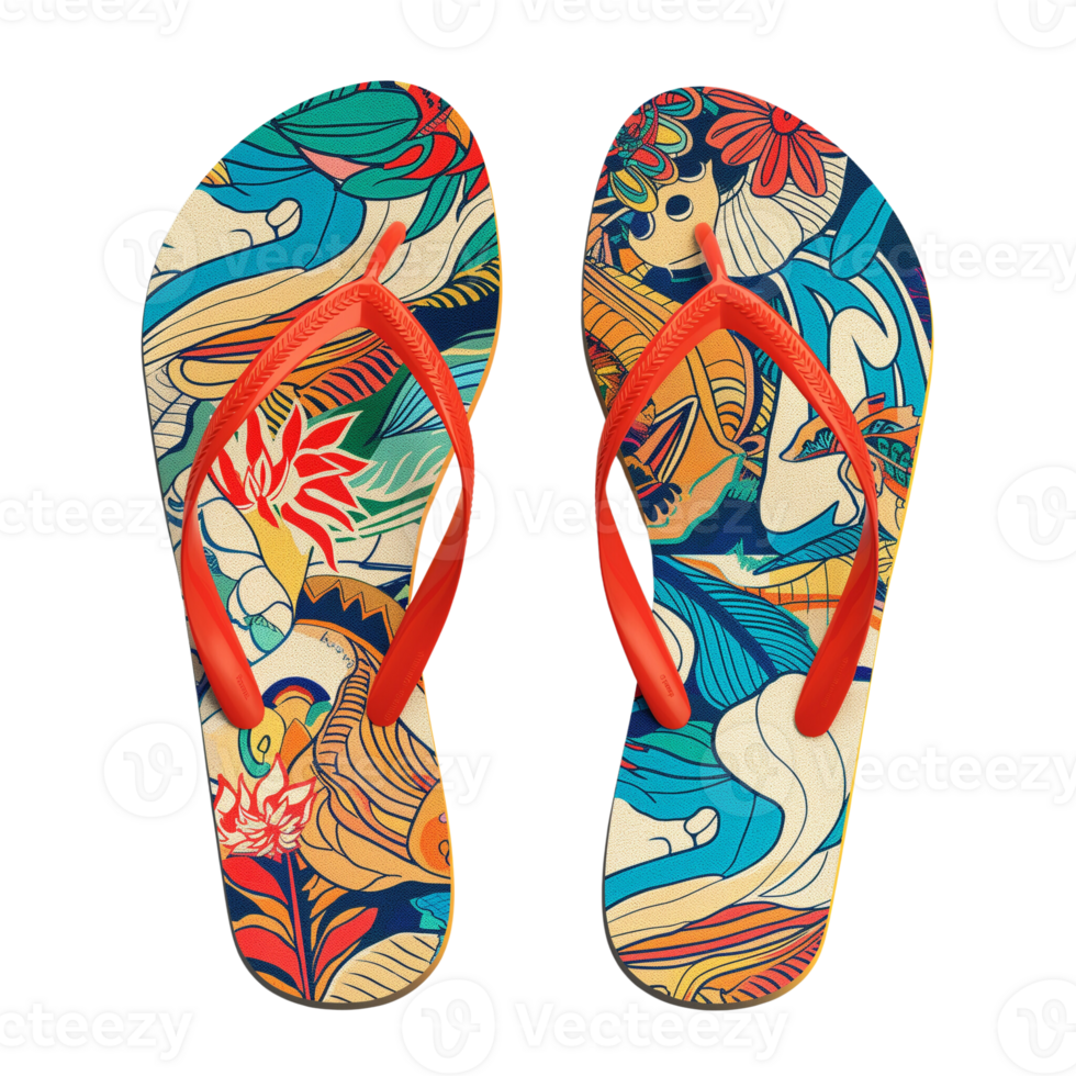 Colorful flip flops with a tropical summer design png