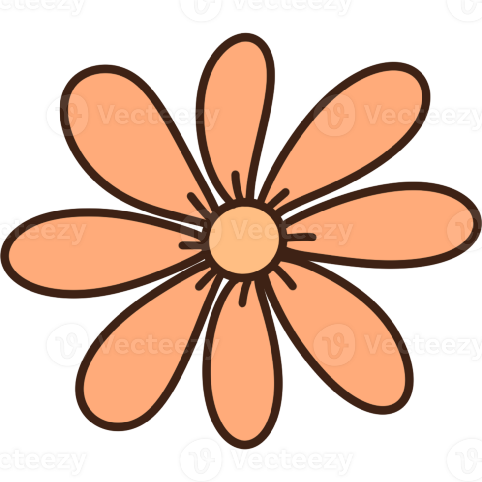 Fall daisy floral clipart illustration, Trendy 70s retro style, Cartoon doodle outline drawing illustration, Spooky season. png