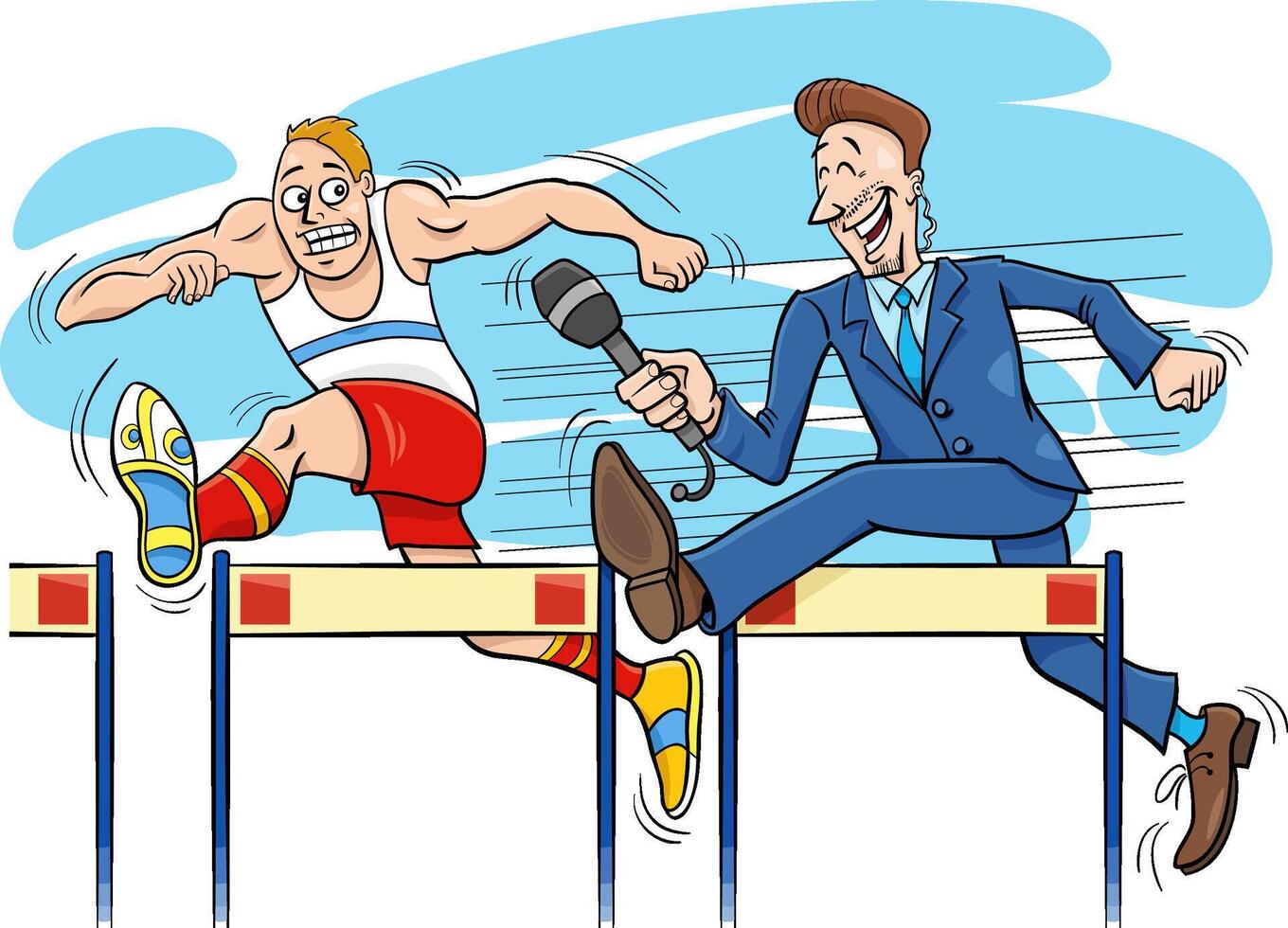hurdle runner and reporter cartoon illustration vector