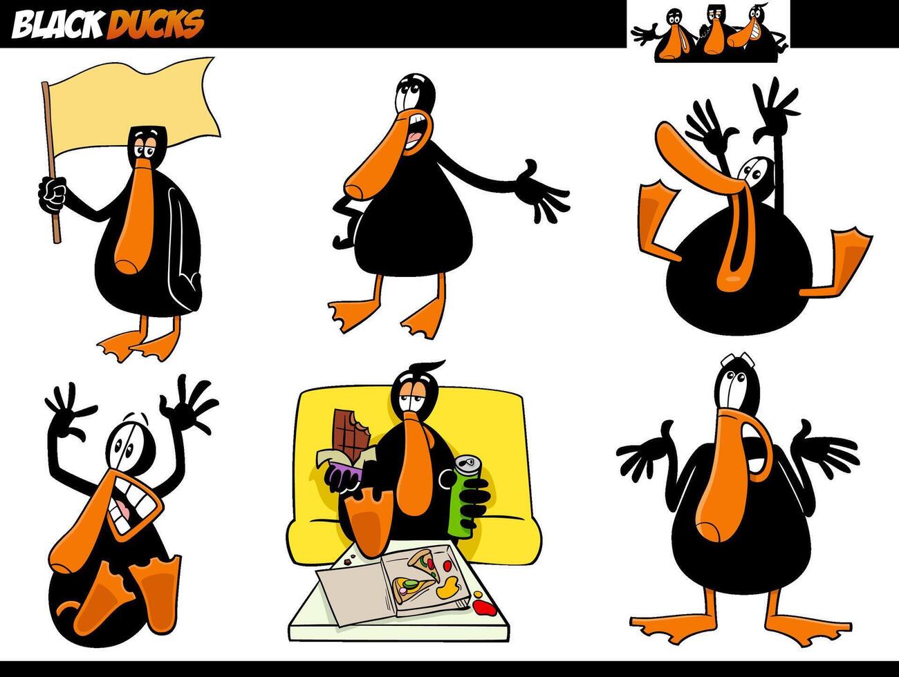 cartoon black ducks animal characters concept set vector
