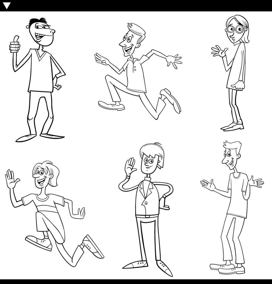 cartoon funny men comic characters set coloring page vector