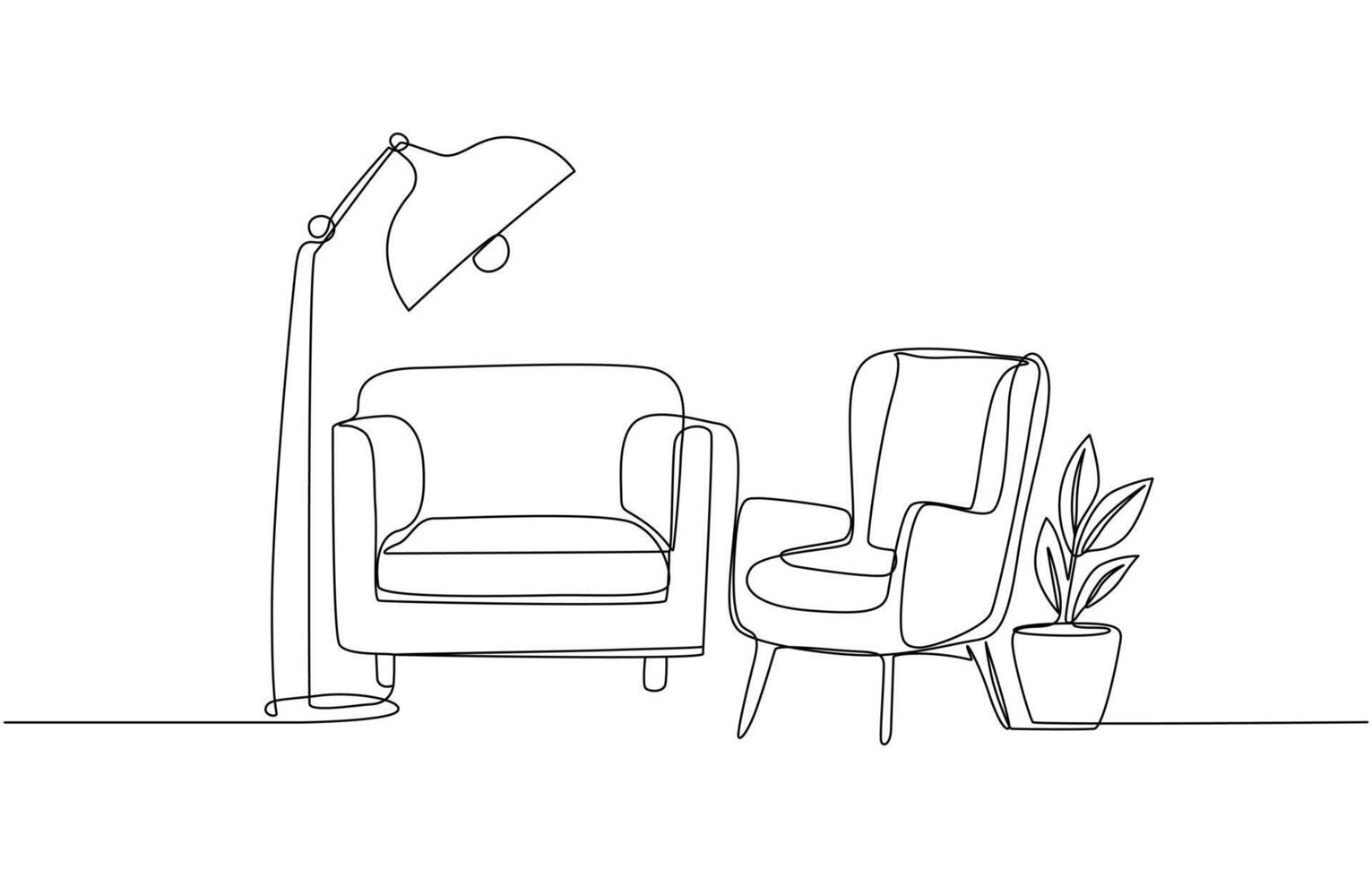 One continuous line drawing of couch and lamp and plant. vector