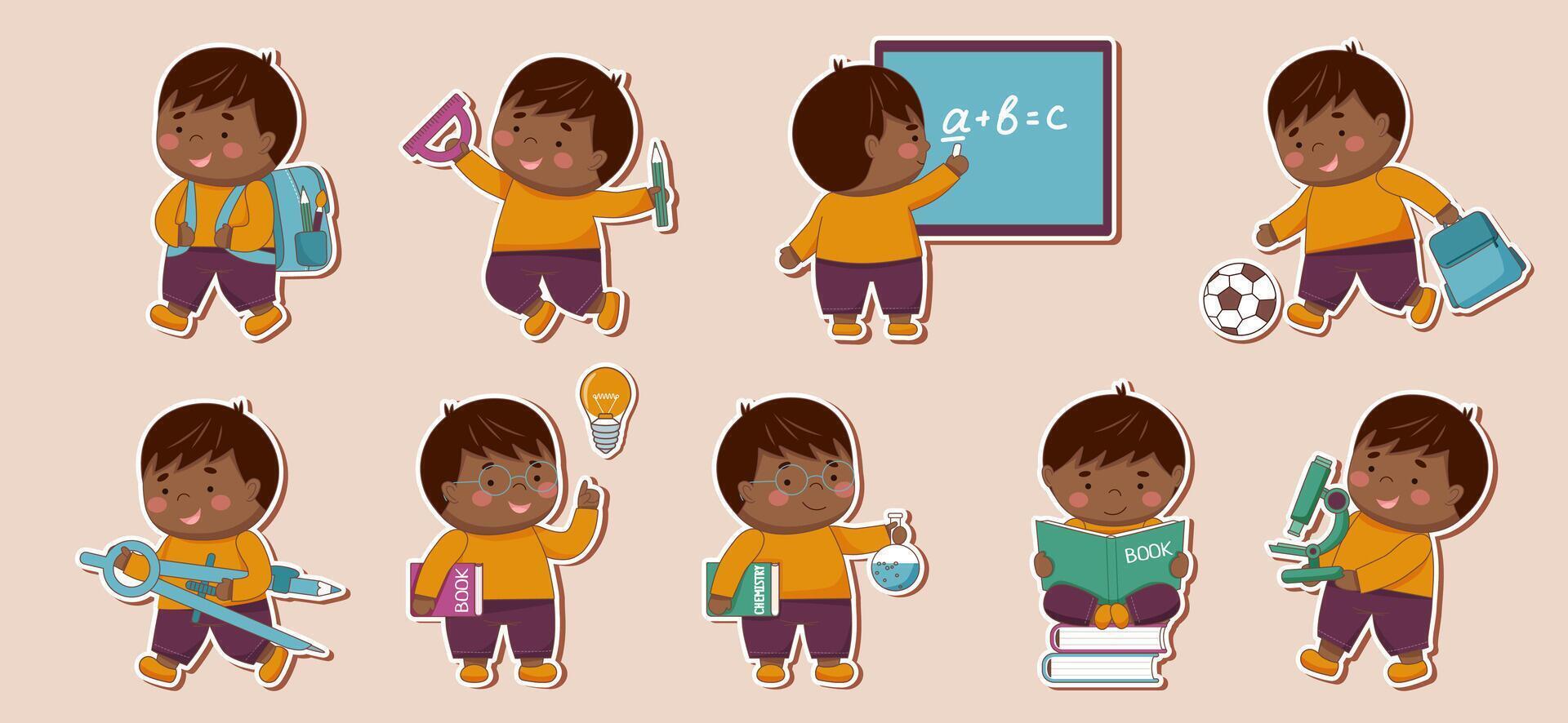 Childrens school stickers. Childrens school characters. Set of black skin boys with school elements. Back to school concept. vector