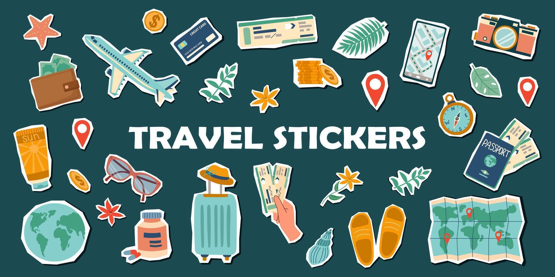 Travel stickers set. Travel concept. Set of travel objects isolated on blue. Hand drawn flat illustration. vector
