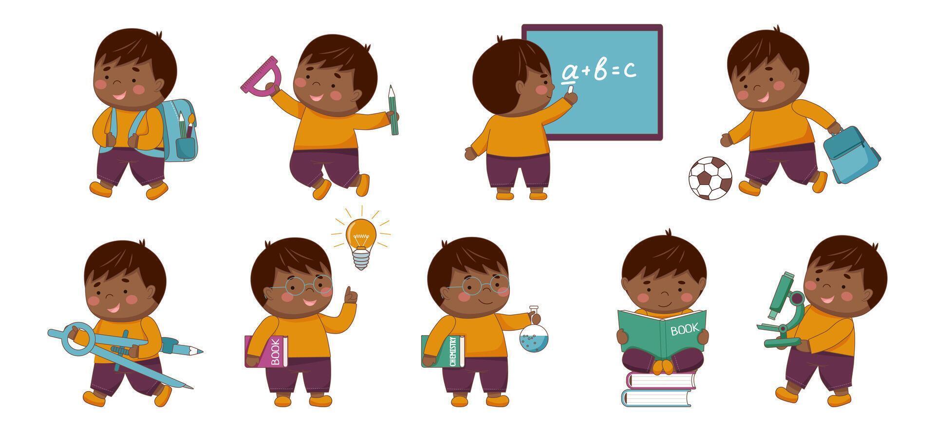 Childrens school collection. Set of black skin schoolboys with school elements isolated on white. Back to school concept. Children supplies cute. vector