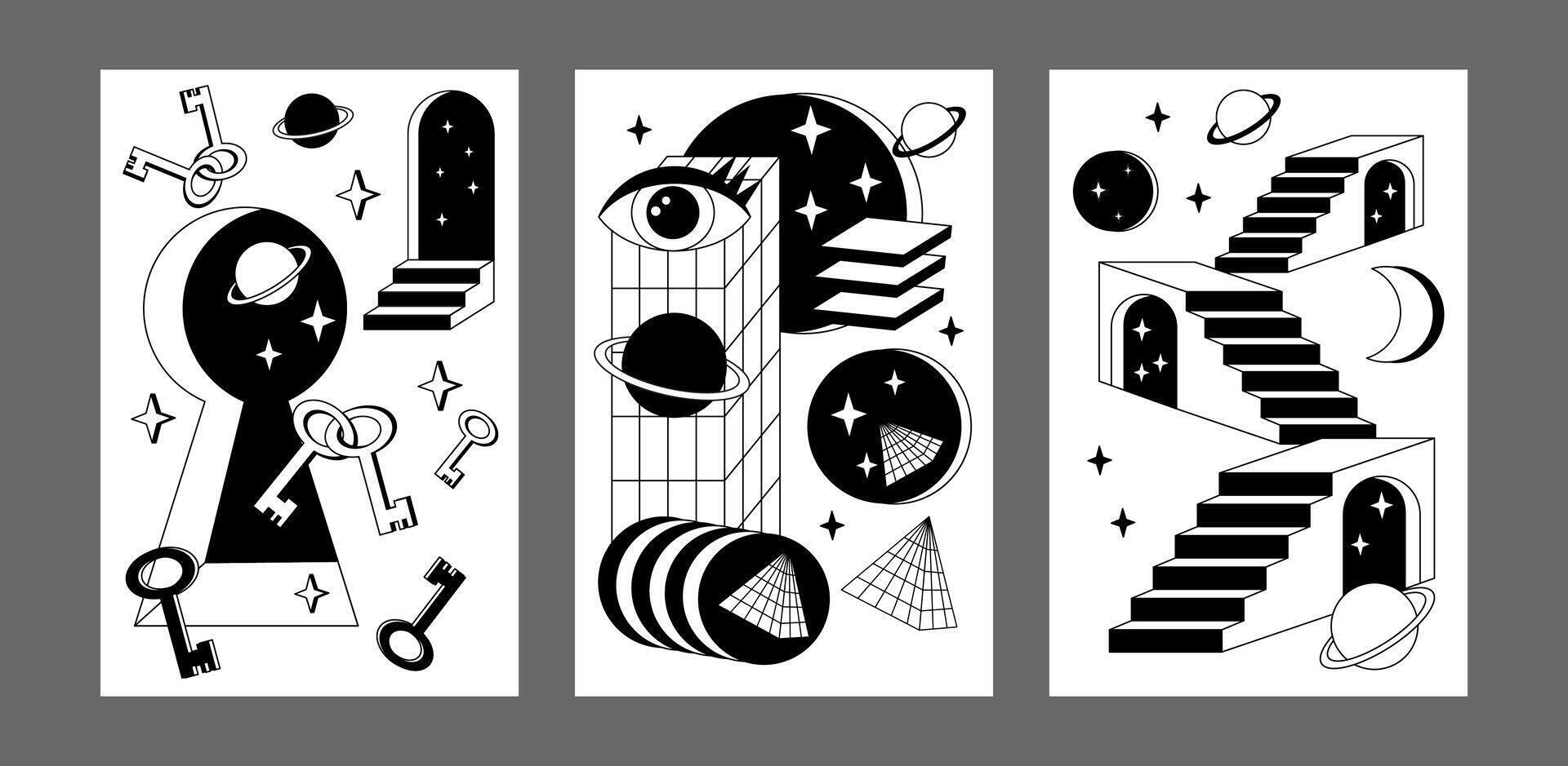Surrealism posters set. Surreal abstract posters. Surrealism cards set. Psychedelic posters. vector