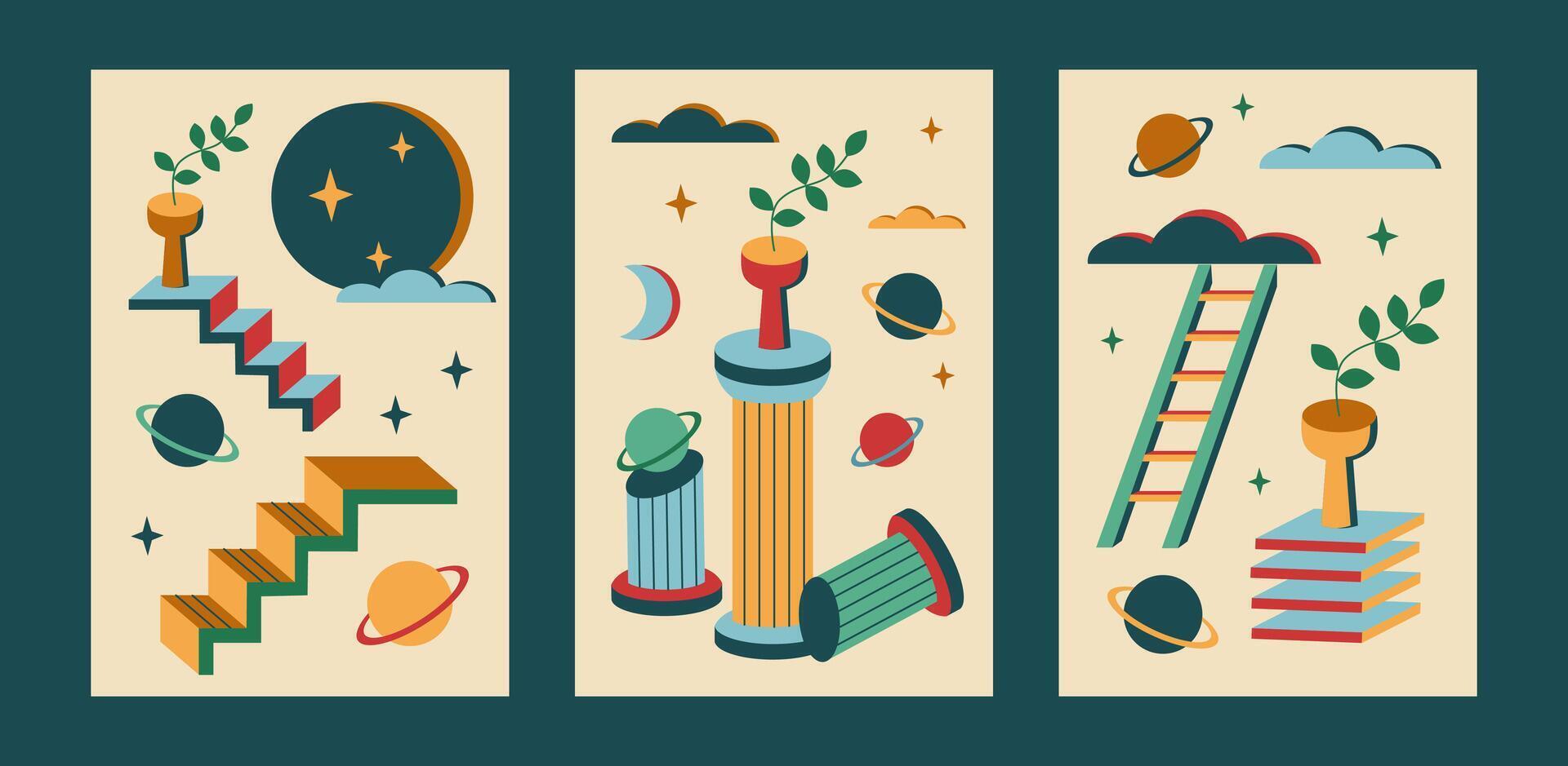 Surrealism posters set. Surreal abstract posters. Surrealism cards set. Psychedelic posters. vector