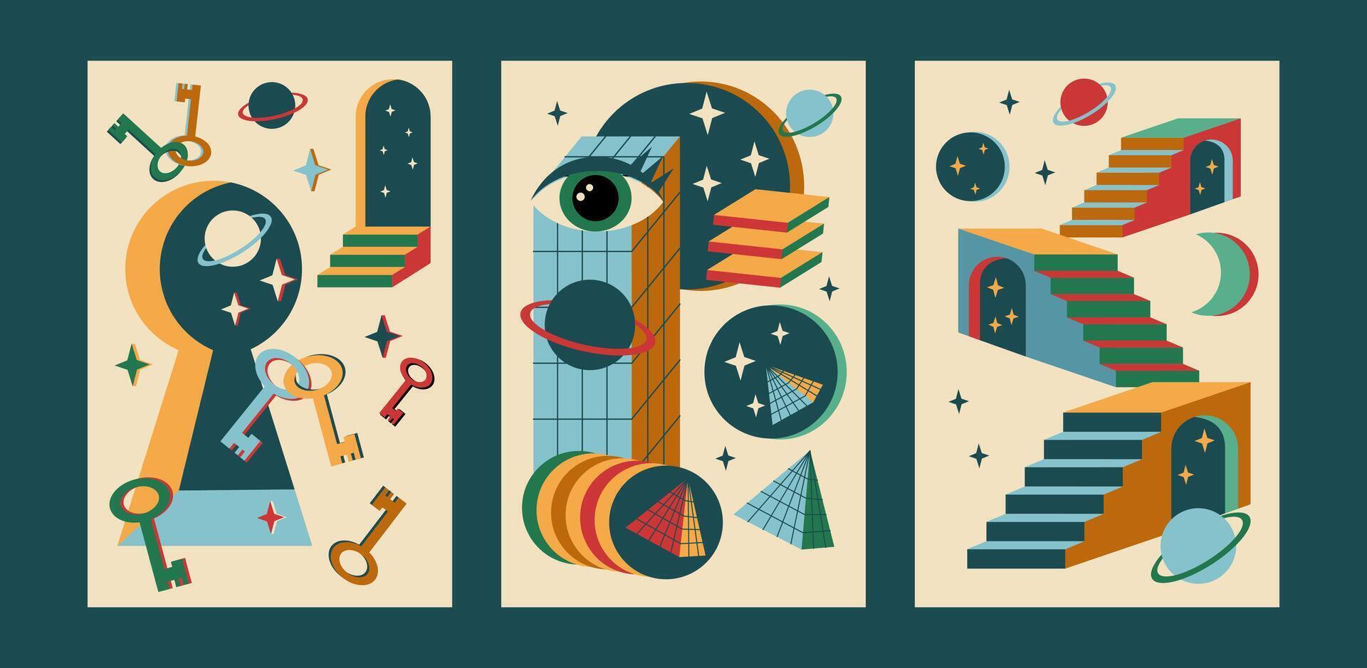Surrealism posters set. Surreal abstract posters. Surrealism cards set. Psychedelic posters. vector