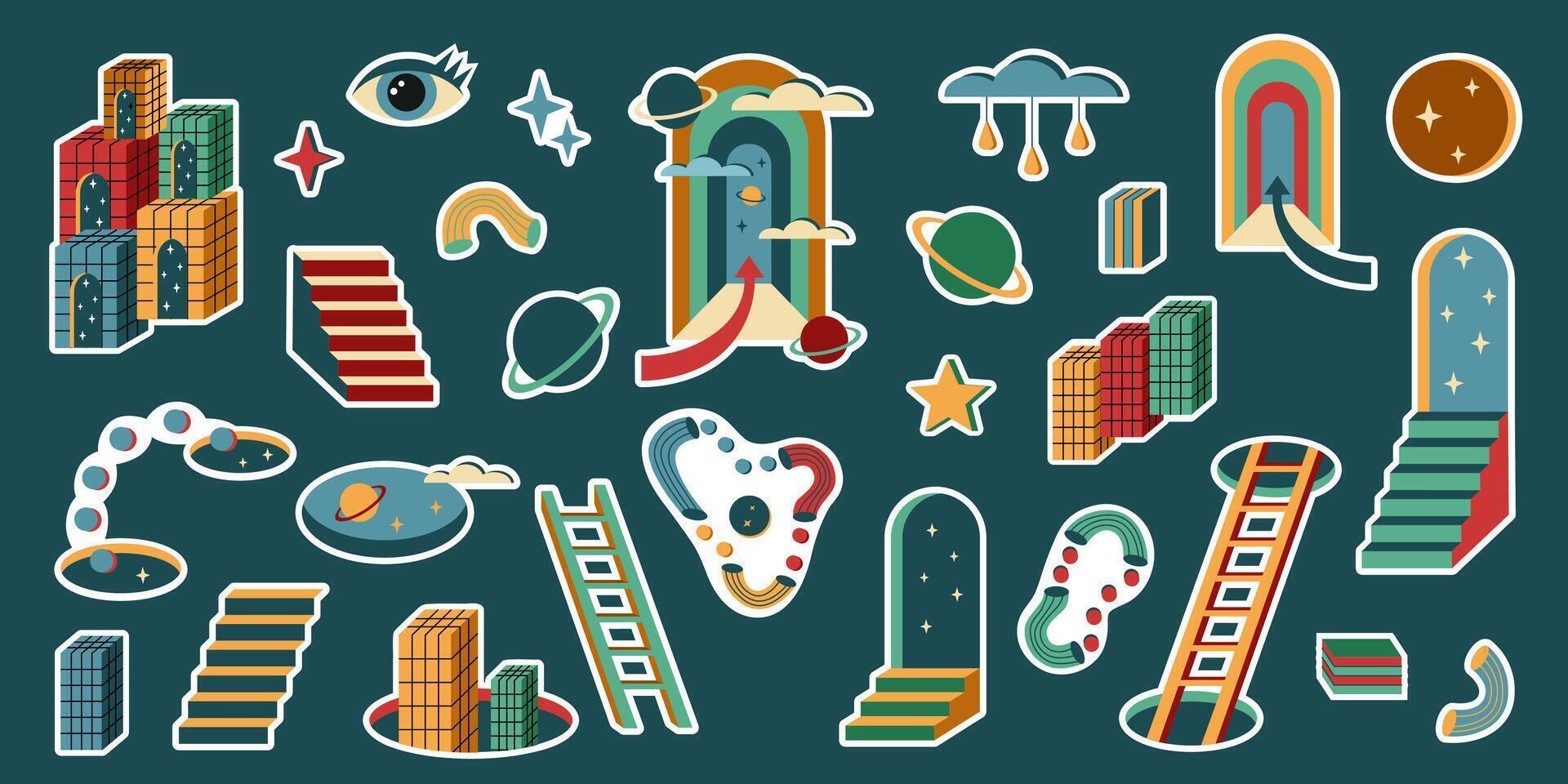 Surrealism elements set isolated. Surrealism stickers set. Psychedelic elements set. vector