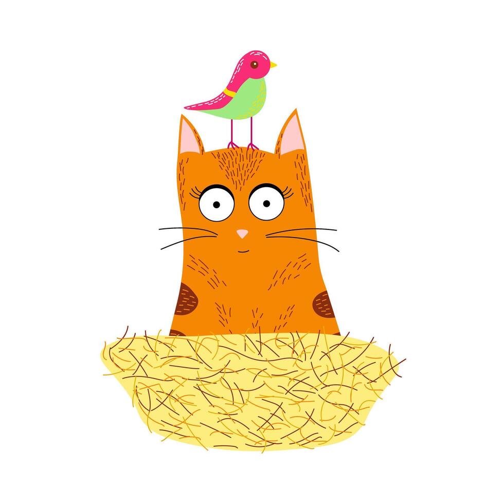 Red Cat in a Nest with a Bird on Its Head vector