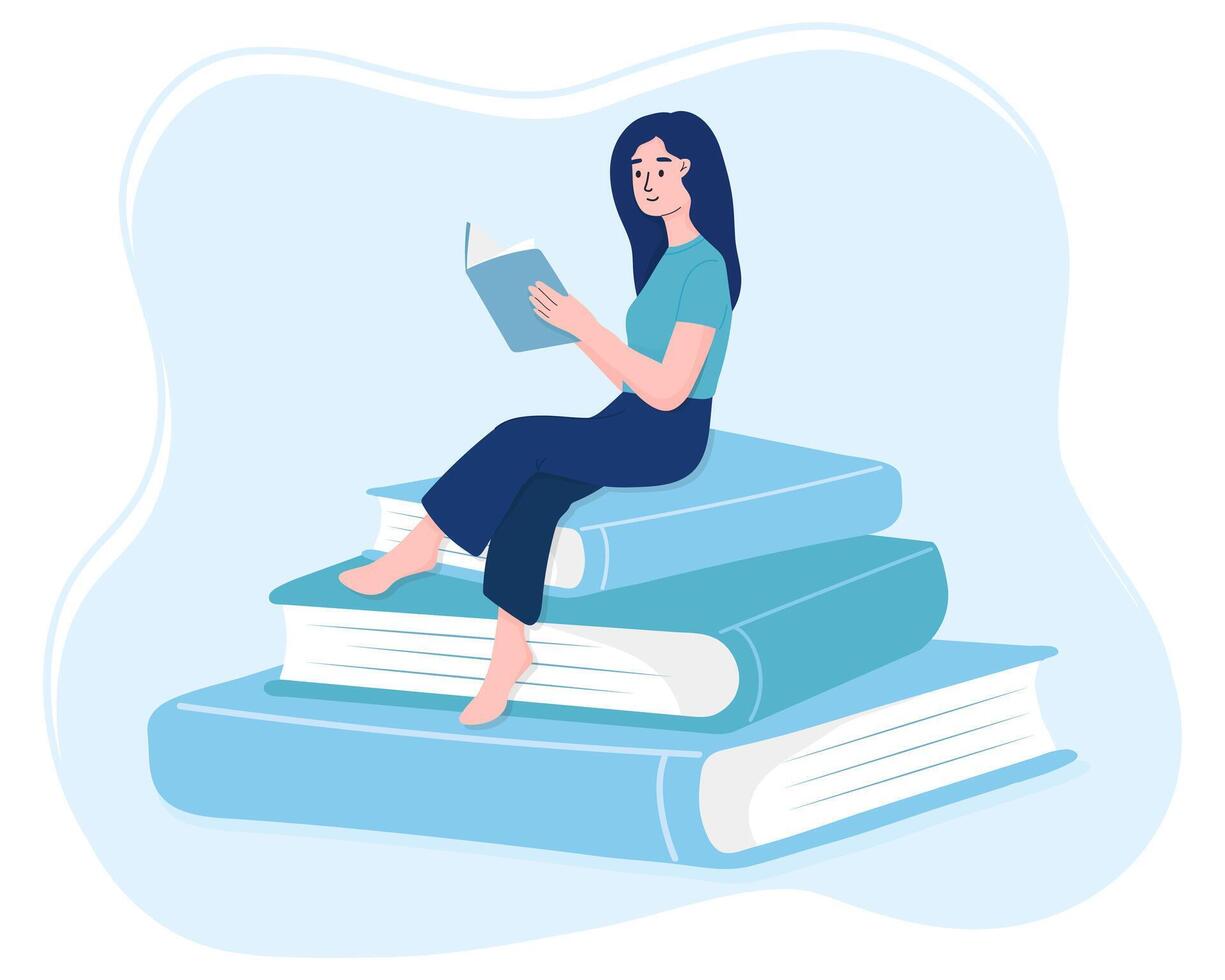 A woman reads a book while sitting on a pile of huge books. Modern flat illustration. vector
