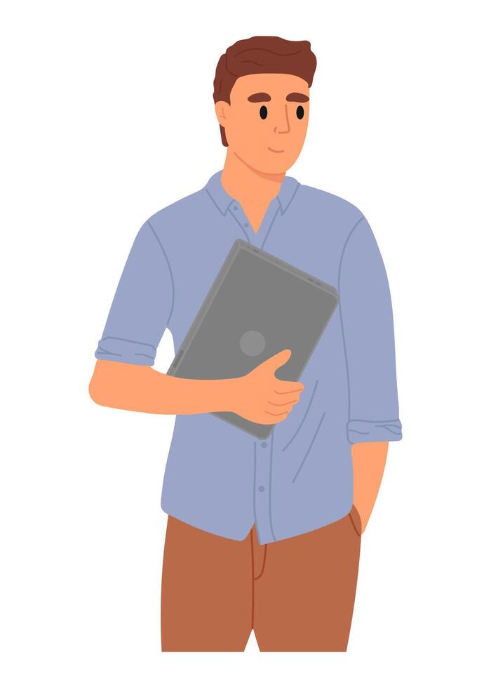 Man holding laptop in his hands. Office worker. vector
