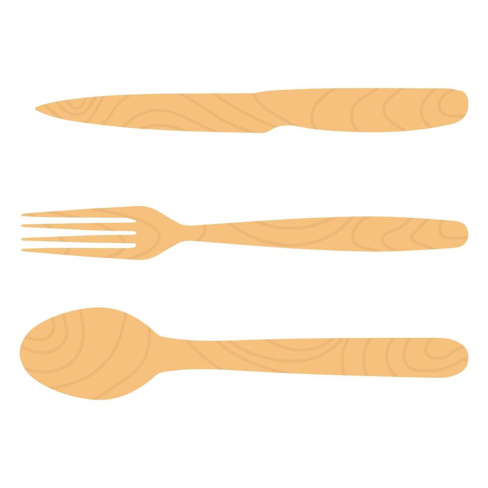 Wooden cutlery, disposable fork, spoon and knife isolated on white background. Kitchen utensil. vector