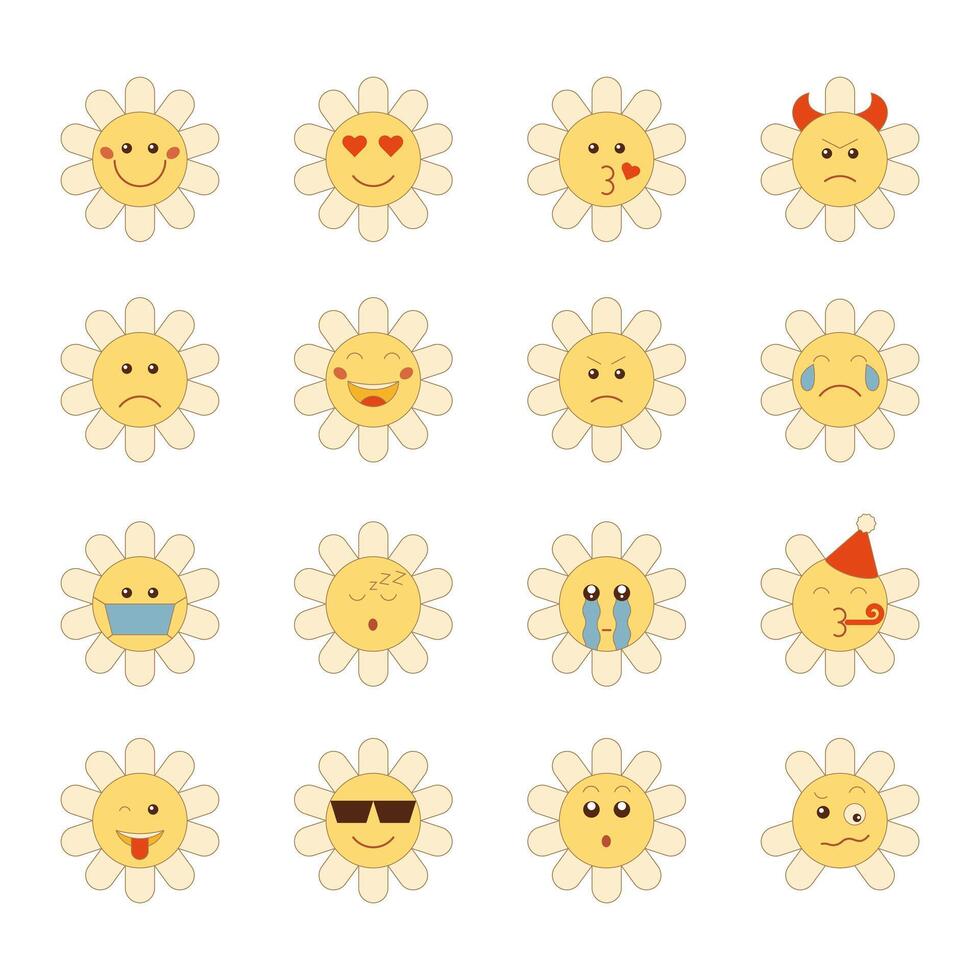 A set of daisy daisy emoticons in flat retro groovy style. Different emotions. Illustration on white background. vector