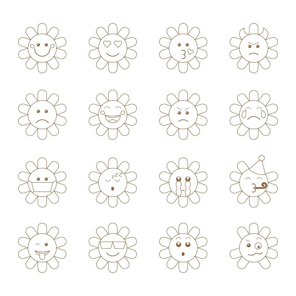 Set of cute emoji icons in the form of daisies, different emotions. Illustration for scrapbook design, postcards, flyers, stickers, posters. vector