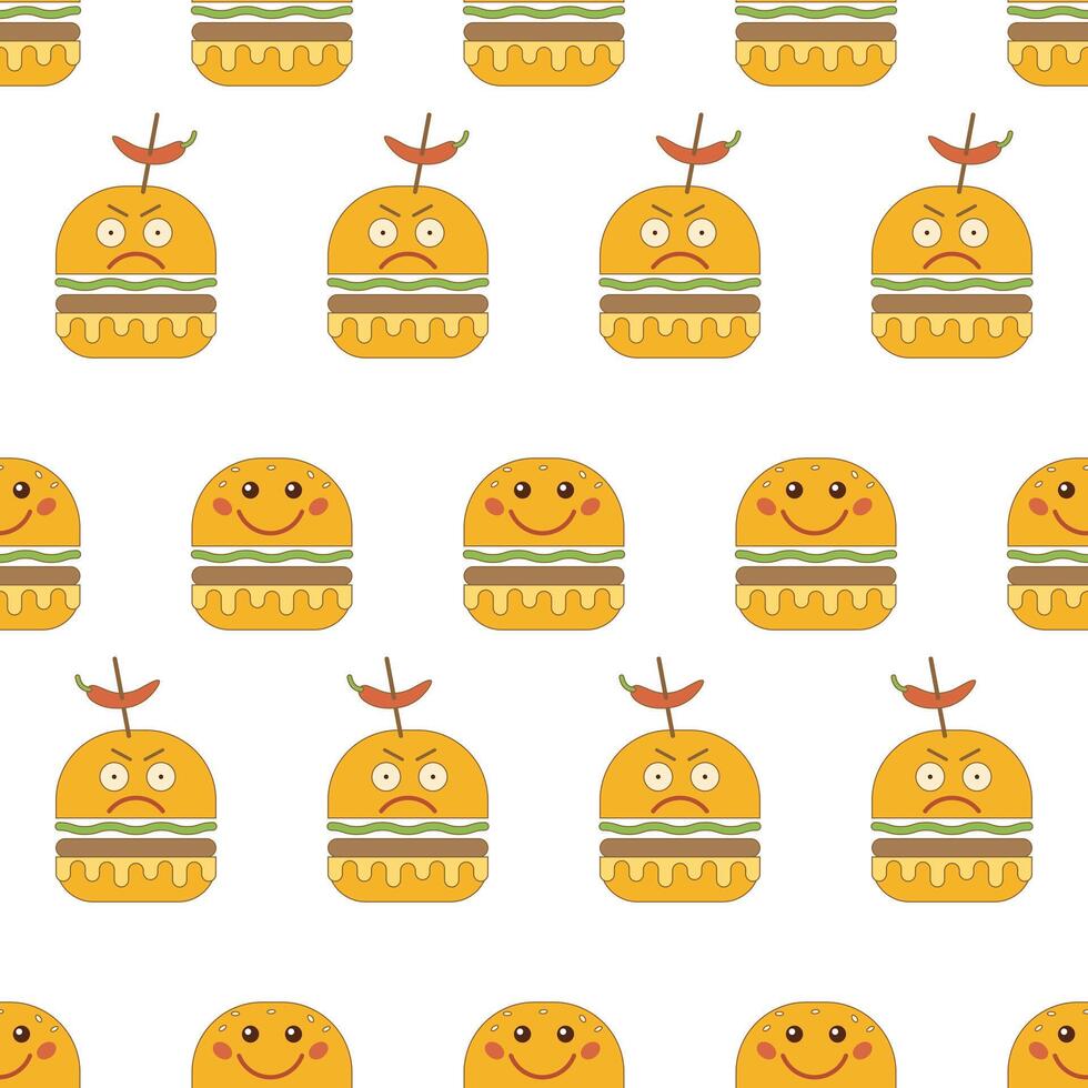 A seamless pattern of burger emojis, funny and angry. Suitable for decoration, design, textiles, scrapbooks, wrapping paper, flyers, posters. vector