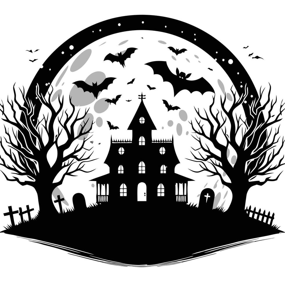 Black and white haunted house with bats and full moon illustration vector