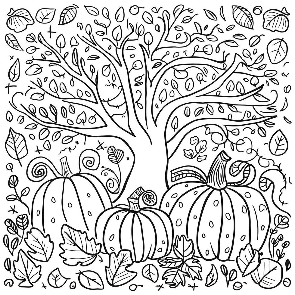 Autumn pumpkin patch coloring page with tree and fence in the background for kids and adults vector