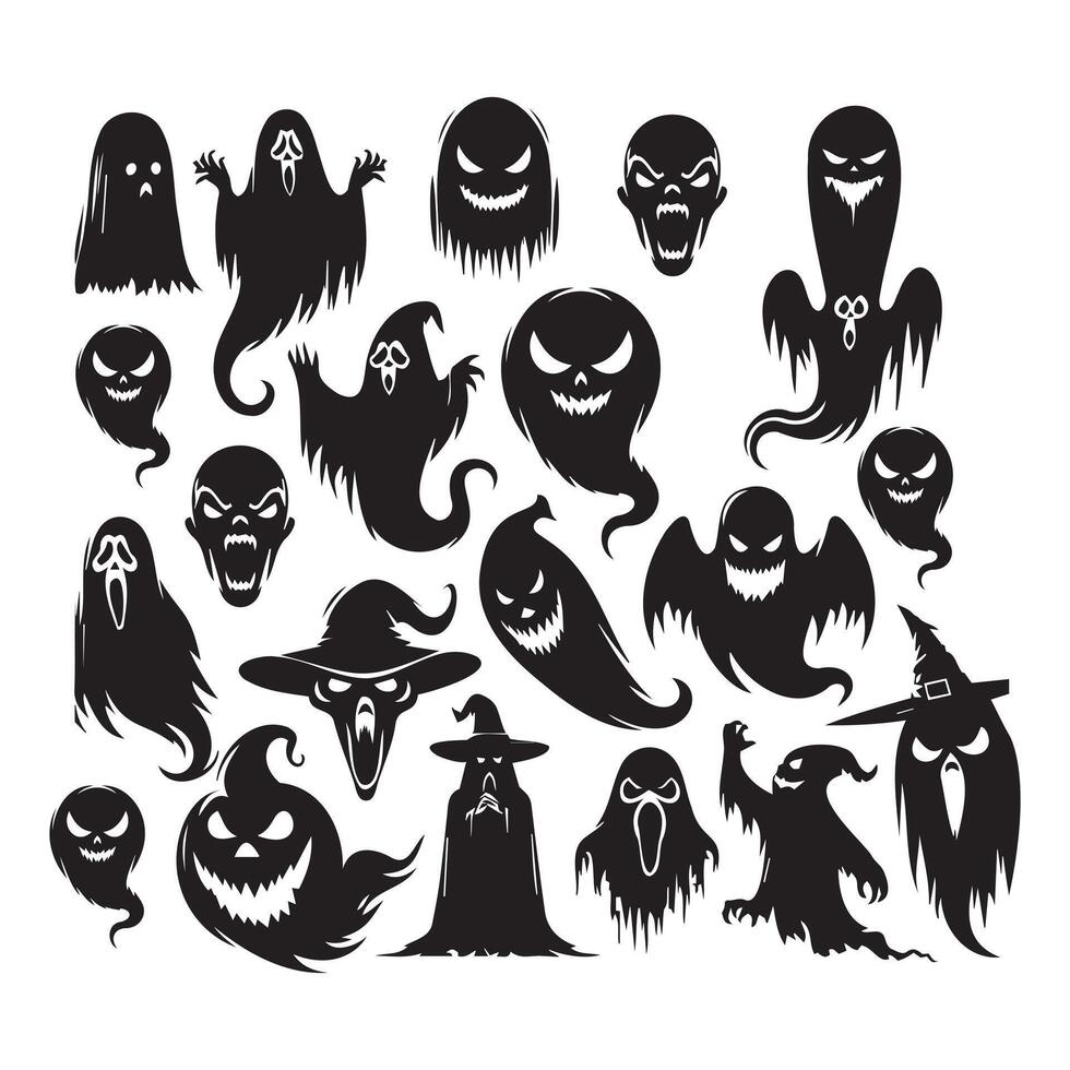 Collection of spooky ghost and monster faces in black and white art for Halloween designs vector