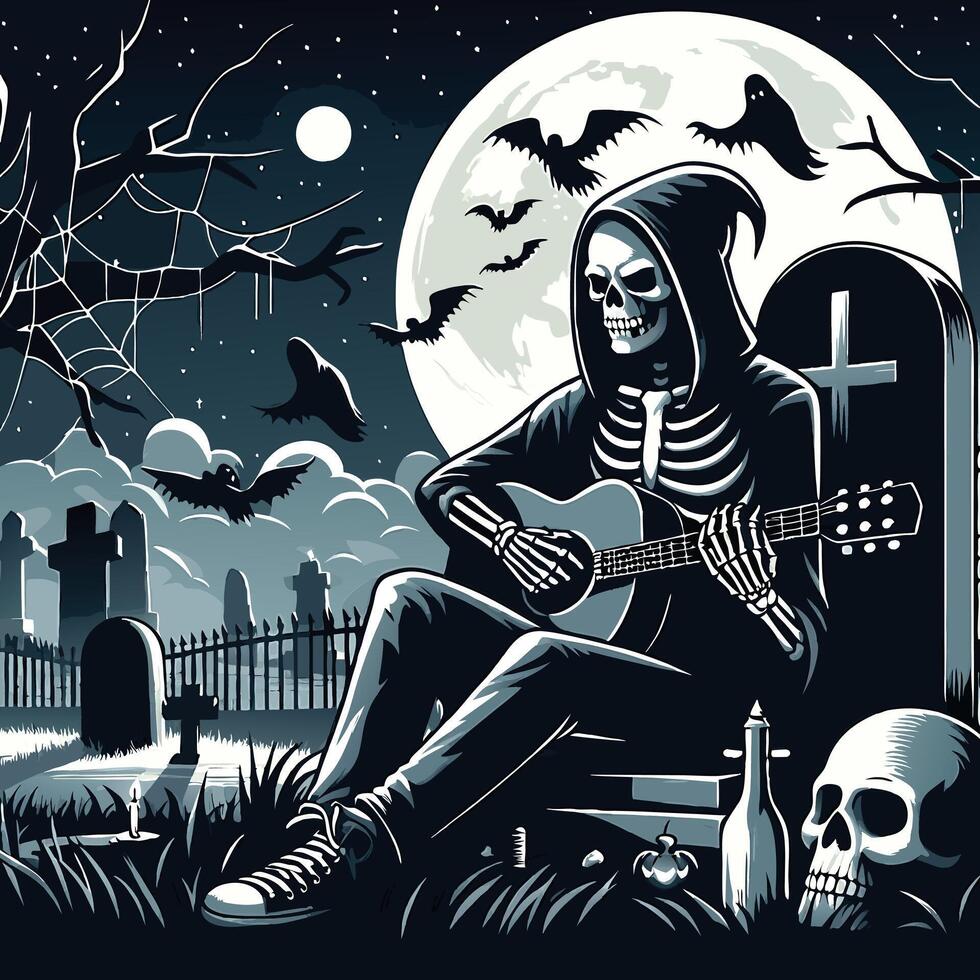 Skeleton playing guitar in moonlit graveyard with bats illustration vector
