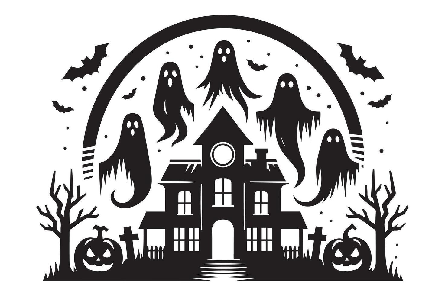 Halloween scene with haunted house, witch on broomstick, pumpkins, and bats in black and white art vector