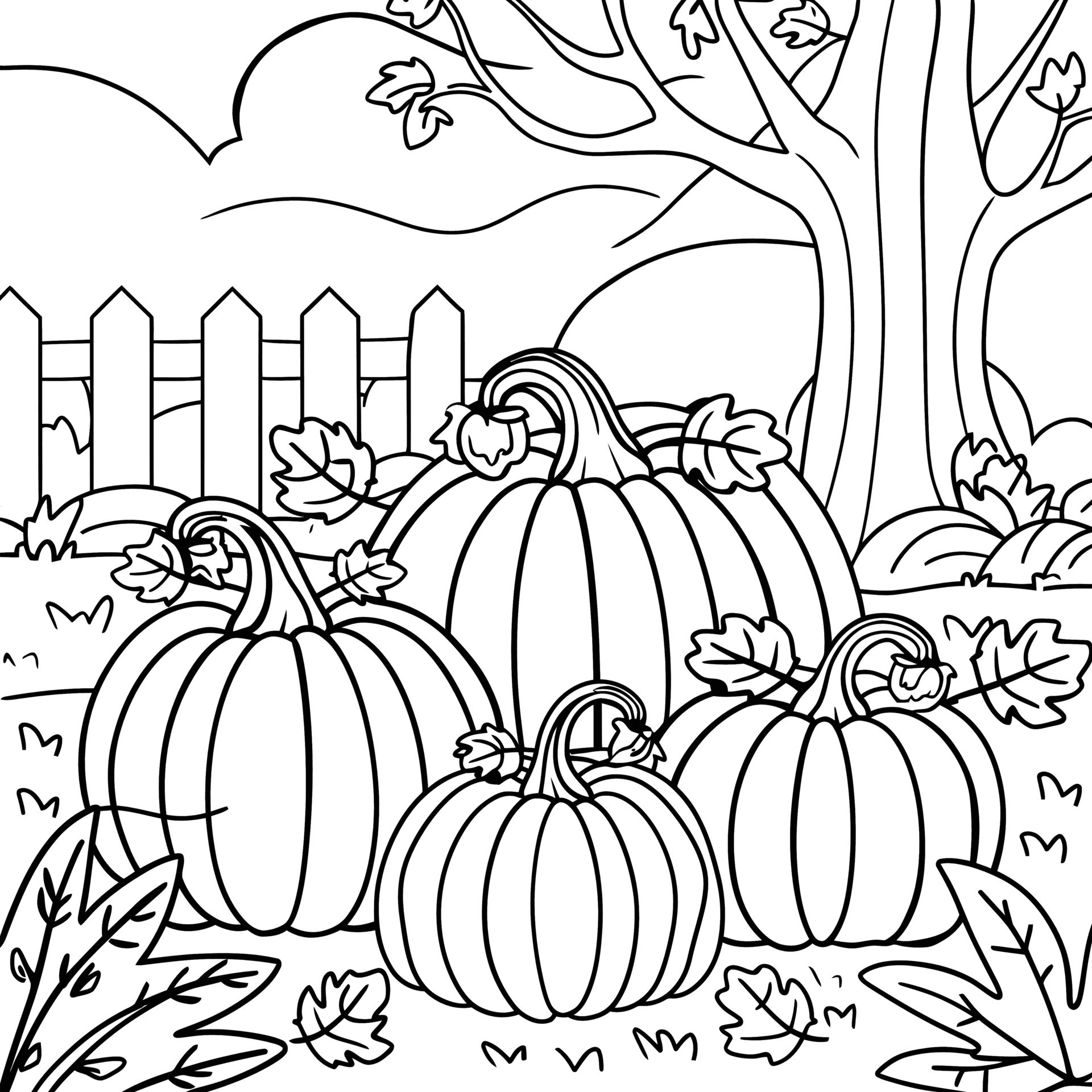 Autumn pumpkin patch coloring page with tree and fence in the
