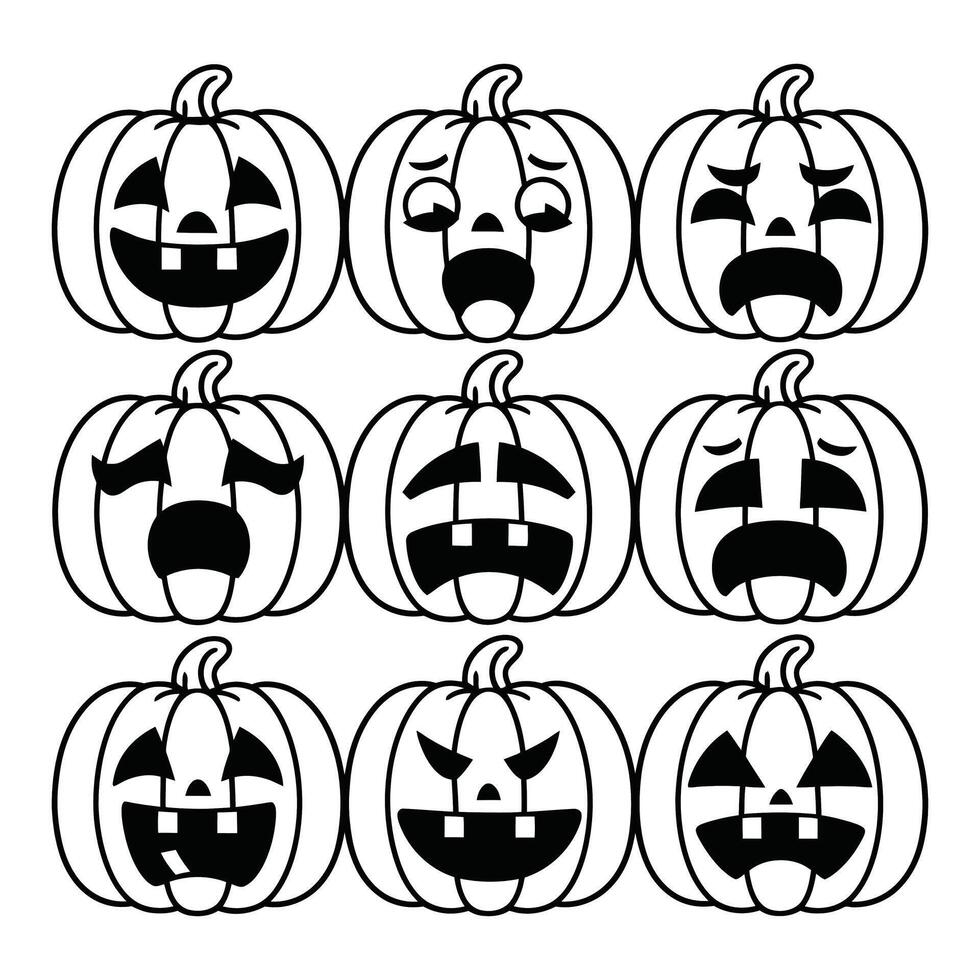 Black and white Halloween pumpkin faces with various expressions vector