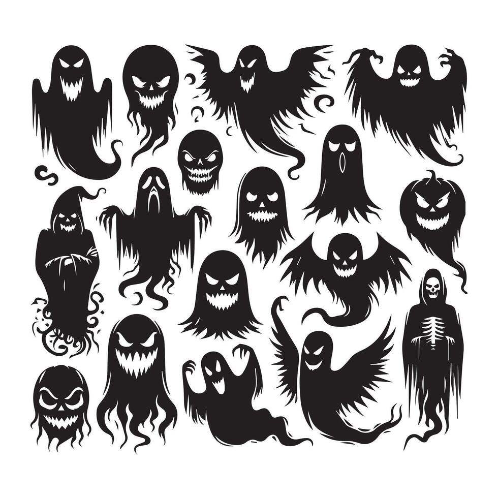 Collection of spooky ghost and monster faces in black and white art for Halloween designs vector