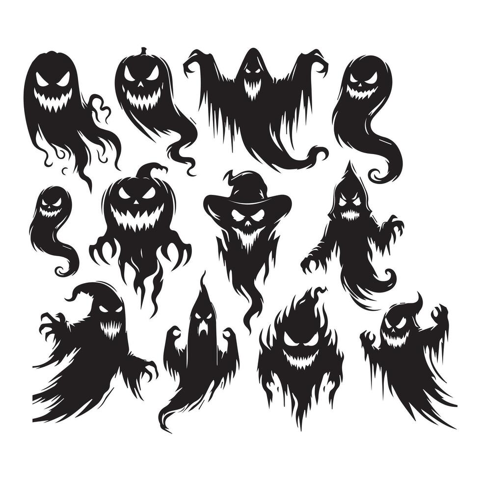 Collection of spooky ghost and monster faces in black and white art for Halloween designs vector
