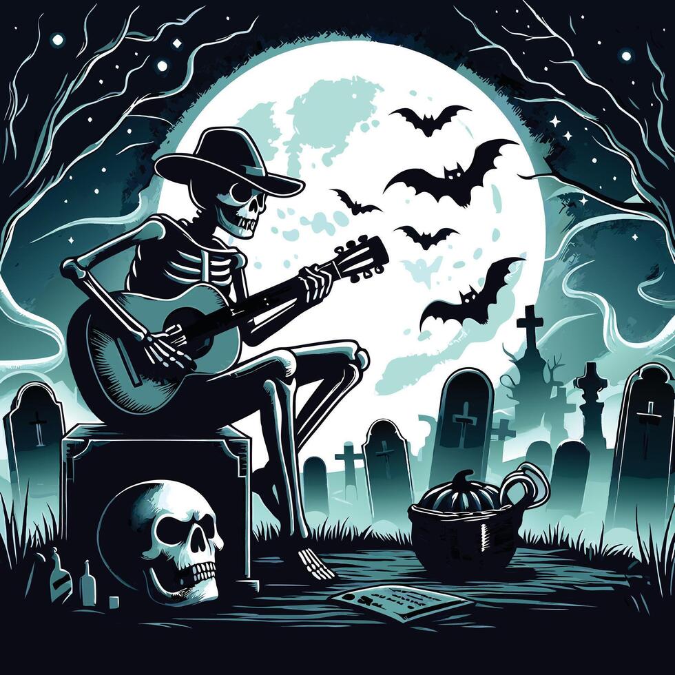 Skeleton playing guitar in moonlit graveyard with bats illustration vector